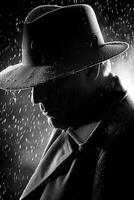 AI generated Mysterious man in rain with silhouette and noir vibes photo