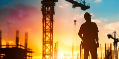 AI generated Silhouette of a construction worker at sunset with cranes photo