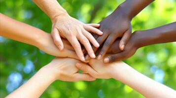 AI generated Diverse Group of People Uniting by Putting Their Hands Together photo