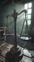 AI generated Vintage scales of justice in a moody courtroom interior photo