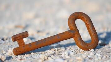 AI generated Rusty metal key on textured gravel background photo