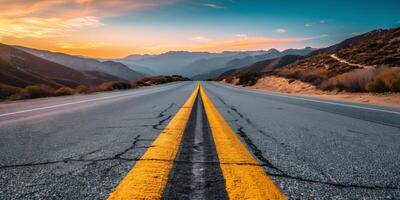 AI generated Desert road leading towards mountain at sunset photo