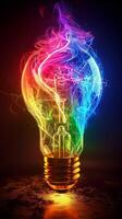 AI generated Colorful light bulb with vibrant energy sparks photo