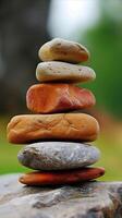 AI generated Zen stones stacked in a tranquil nature setting photo