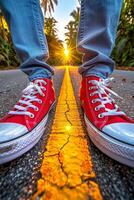 AI generated Person wearing sneakers standing on road at sunset photo