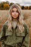 ai generado joven mujer con azul ojos disfrutando otoño naturaleza foto