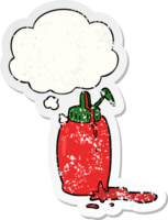 dibujos animados salsa de tomate botella con pensamiento burbuja como un afligido desgastado pegatina png