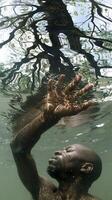 AI generated Man reaching for surface underwater with natural light photo