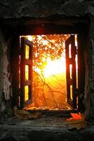 AI generated Autumn leaves framing a fiery sunset through a window photo