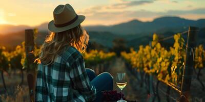 AI generated Woman enjoying sunset in a vineyard with a glass of wine photo