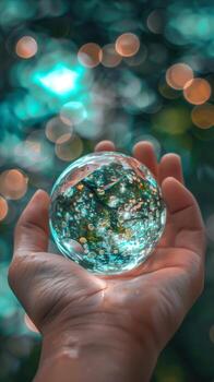 AI generated Hand holding a crystal ball with colorful bokeh background photo