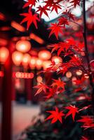 AI generated Vibrant red Japanese maple leaves with soft lantern bokeh photo