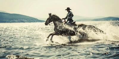 ai generado vaquero montando caballo en agua con rociar foto