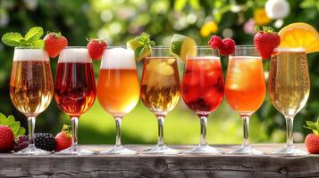 AI generated Assorted Drinks Filled in a Row of Glasses photo