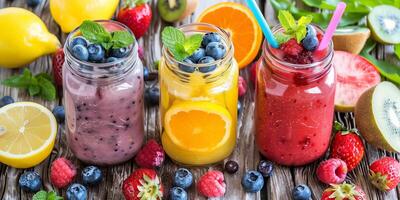 AI generated Colorful fresh fruit smoothies in jars on wooden background photo