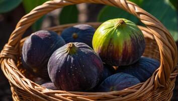 AI generated Fresh ripe figs in a basket in nature photo
