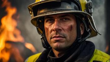 ai generado retrato de un grave masculino bombero foto