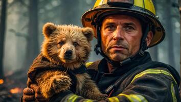 ai generado hombre bombero sostiene un rescatado pequeño osito de peluche oso en su brazos fauna silvestre foto