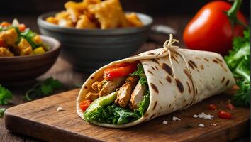 ai generado delicioso shawarma con pollo y vegetales en el cocina foto