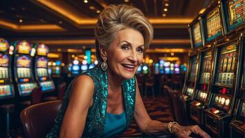 AI generated Beautiful elderly woman playing casino slot machine photo