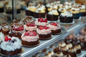 AI generated Assorted cakes in a shop window for sale photo