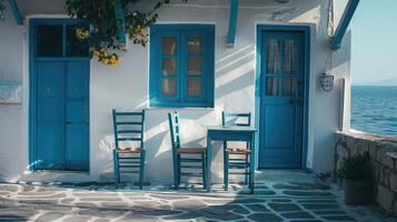 AI generated Greek culture with traditional white and blue greek architecture, taverna photo