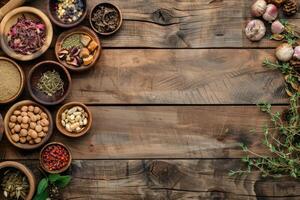 AI generated Traditional Chinese herbal medicine selectionon wooden background photo