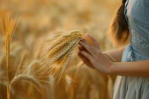 AI generated Woman holds an ear of golden wheat. Rural scene. photo