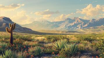 ai generado salvaje Oeste Texas Desierto paisaje en el Mañana ligero con montañas y cactus foto