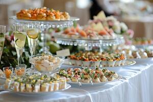 ai generado lujo comida y bebidas en Boda mesa foto