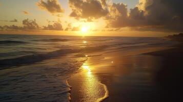 AI generated Serene beach scene with waves and clouds at sunrise photo