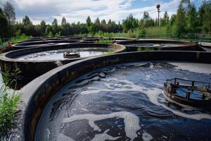 ai generado moderno aguas residuales tratamiento planta de químico fábrica. agua purificación tanques foto