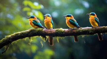 ai generado tropical aves sentado en un árbol rama en el selva foto