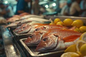 ai generado crudo Fresco pescado en hielo a el mercado foto