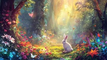 AI generated A rabbit sitting in a forest with butterflies photo