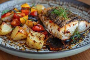 AI generated Grilled fish with roasted potatoes and vegetables on the plate. photo