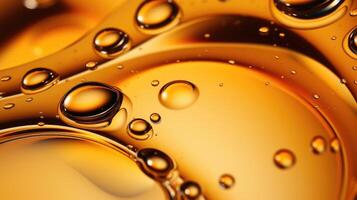 AI generated Oil bubbles background, gold liquid with golden drops. photo