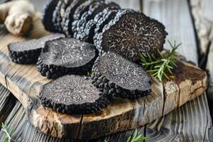 AI generated Black truffles on the cutting board. photo