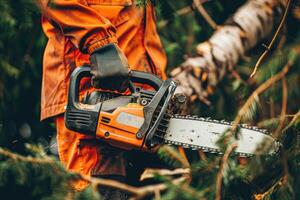 ai generado hombre participación un motosierra y cortar arboles leñador a trabajo usa naranja personal protector equipo. el profesional ocupación de un silvicultura trabajador foto