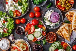 ai generado griego comida antecedentes. meze, giroscopios, souvlaki, pez, Agave, griego ensalada, tzatziki, surtido de queso feta, aceitunas y vegetales. tradicional diferente griego platos colocar. foto