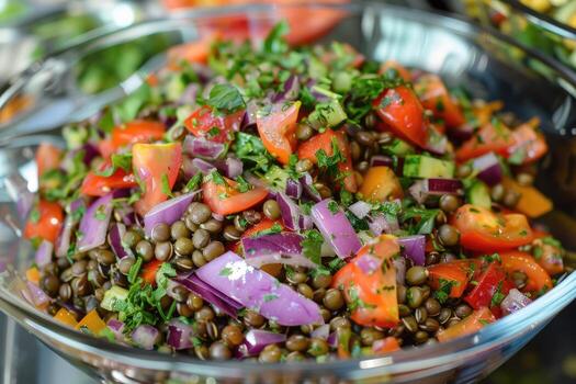 AI generated Lentil salad with veggies, healthy food, vegetarian and vegan snack. photo