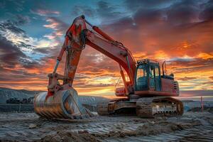 AI generated Excavator on construction site in the background at sunset photo