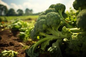 AI generated Fresh broccoli growing in an organic farm field photo