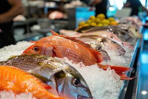 ai generado crudo Fresco pescado en hielo a el mercado foto