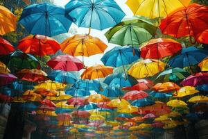 AI generated Lots of colorful umbrellas opposite opposite sky photo