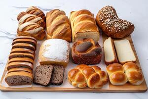 AI generated Assorted bakery products including loaves of bread and rolls. photo