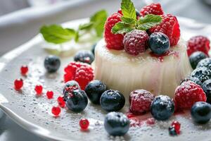 AI generated Curd dessert with cream, raspberries, and blueberries garnished with fresh mint photo