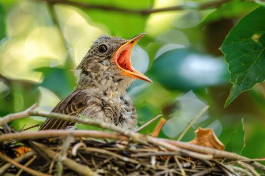 AI generated Young bird in nest with open mouth waiting to be fed. photo