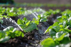 ai generado lechuga en el campo. precisión irrigación sistemas para eficiente agua utilizar en agricultura. foto