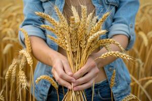 AI generated Woman holds an ear of golden wheat. Rural scene. photo